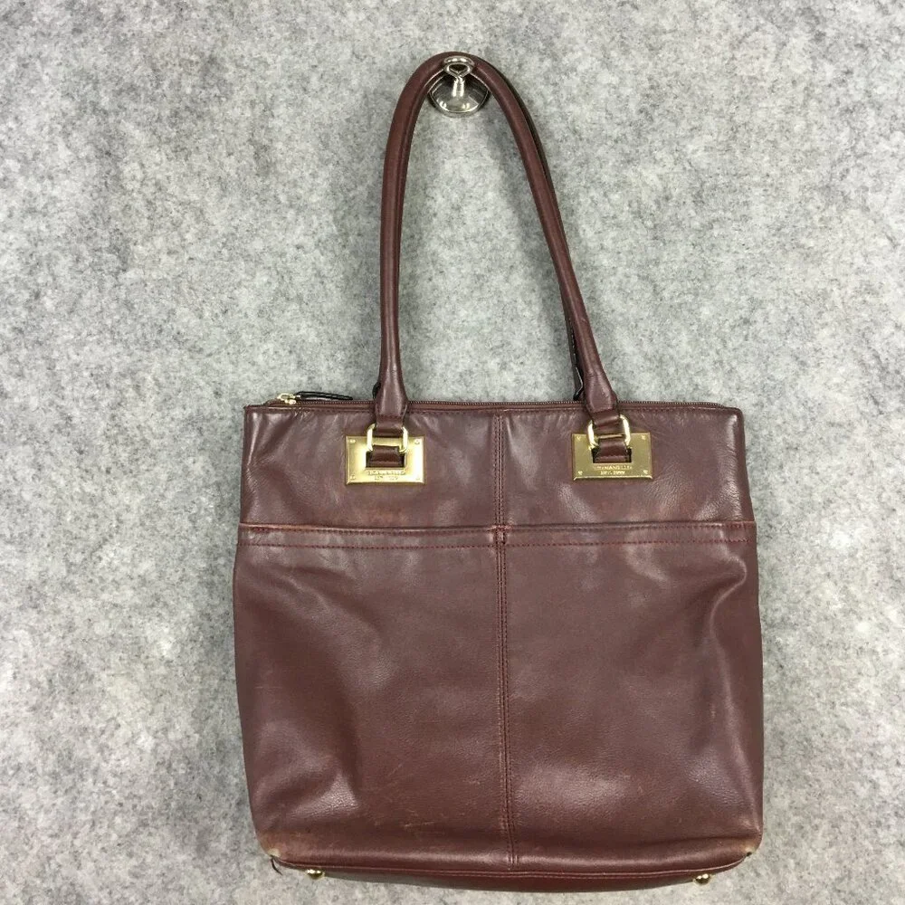 Tignanello Tote Handbag Purse Brown Leather Dark Gold Hardware Pouches Shopper